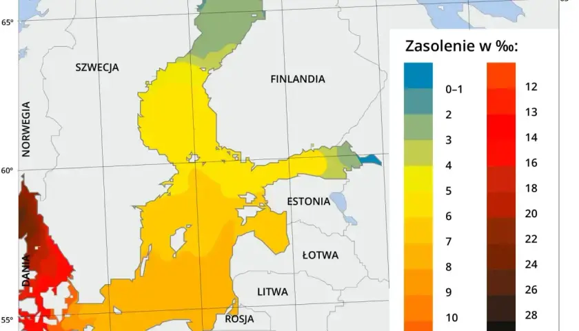 Mapa zasolenia Bałtyku, morza należącego do Oceanu Atlantyckiego. Kolory wskazują zasolenie od 0-1‰ do 31‰.
