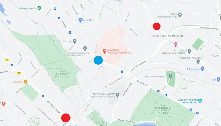 Mapa Szczecina z zaznaczonymi punktami. Pokazuje, ile jest ze Szczecina do morza, wskazując drogę przez tereny zielone i miejskie.