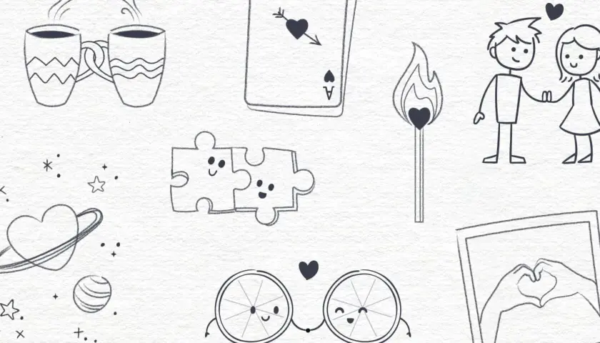 Tiernos dibujos de amor: tazas humeantes, pareja de rompecabezas, cerilla encendida, pareja de palitos, naranjas enamoradas y manos formando un corazón.