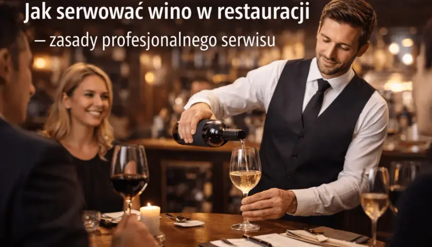 Kelner serwuje wino, prezentując zasady profesjonalnego serwisu i etykiety w restauracji.