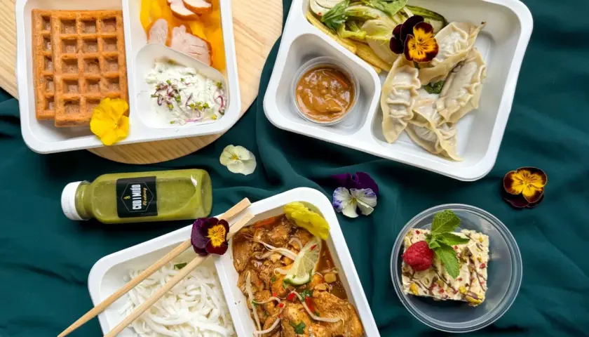 Różnorodne dania z cateringu: gołąbki, kurczak, makaron ryżowy, deser. Czy catering się opłaca? Wygląda na to, że tak!