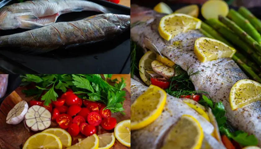 Här förbereds hel regnbåge i ugn med citron, tomater, vitlök och dill. Snart redo att bakas!