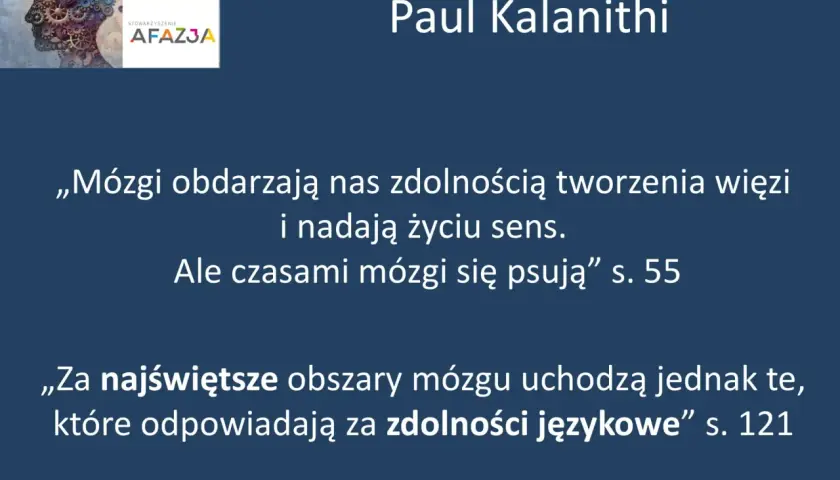 Afazja co to? Grafika przedstawia mózg z trybikami, symbolizujący jego działanie. Cytaty Paula Kalanithiego o mózgu i jego funkcjach.