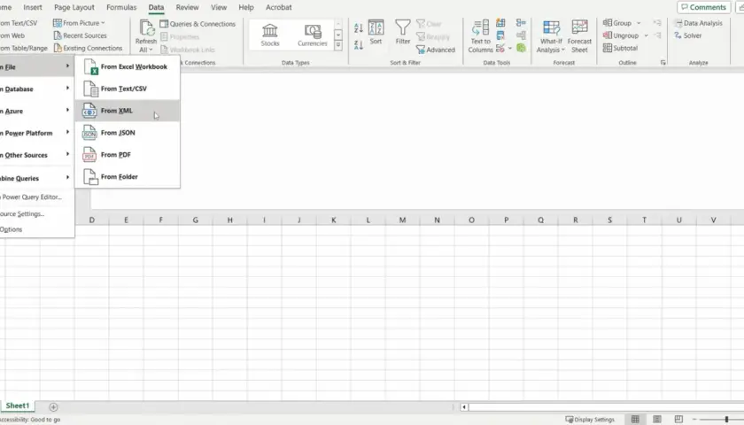 Menu Dati in Excel, opzione "Da file" > "Da XML". Importa dati strutturati in fogli di calcolo.