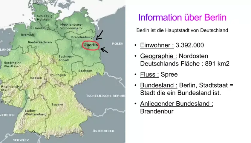 Karte Deutschlands mit markiertem Berlin. Text erklärt, dass Berlin ein Bundesland ist, die Hauptstadt und von Brandenburg umgeben.
