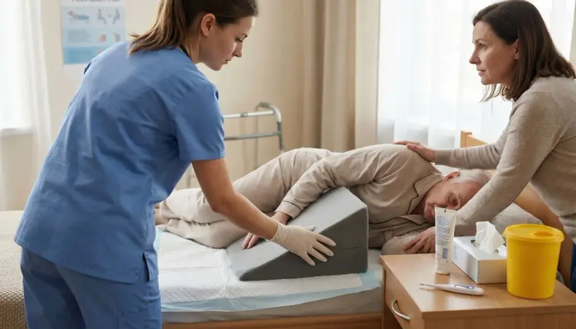 Opiekun medyczny ile trwa nauka? Dwie kobiety pomagają starszemu mężczyźnie w łóżku, poprawiając jego pozycję.