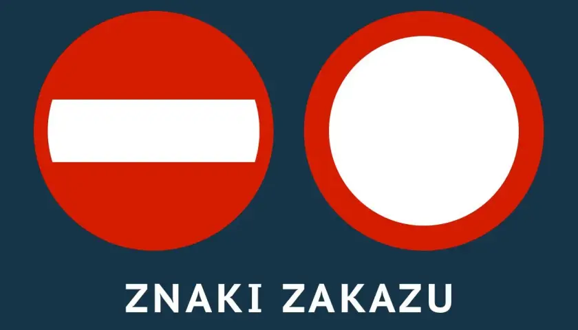Dwa znaki drogowe: zakaz wjazdu (czerwone koło z białą poziomą kreską) i znak zakazu (czerwone koło z białym polem).