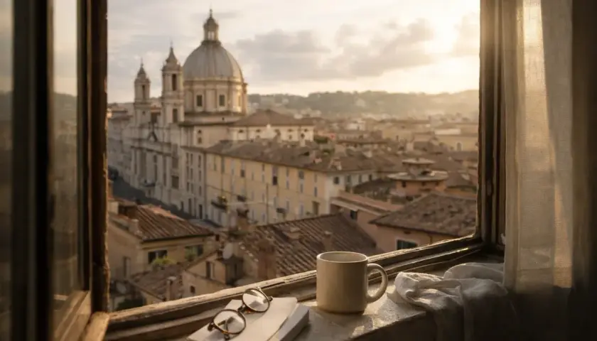Un caffè e un libro sul davanzale, con la vista di Roma 24h che si svela al tramonto.