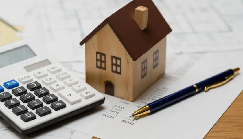 Maquette de maison, calculatrice et stylo sur des documents financiers. Idéal pour illustrer un avis Camif Habitat sur l'investissement immobilier.