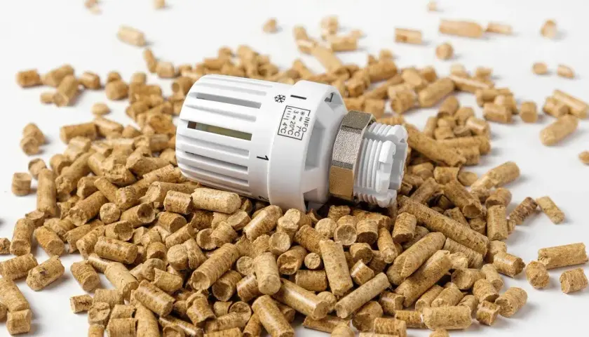 Termostat grzejnikowy leży na stercie premium selection pellets.
