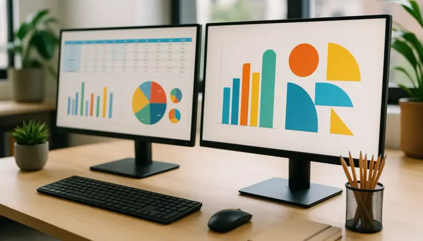 Bureau avec deux écrans affichant des graphiques. Un ordinateur avec Windows VM en ligne pour analyser les données.