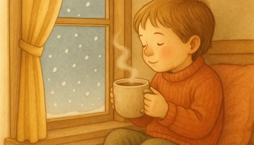 En pojke njuter av en varm choklad vid fönstret medan snön faller.