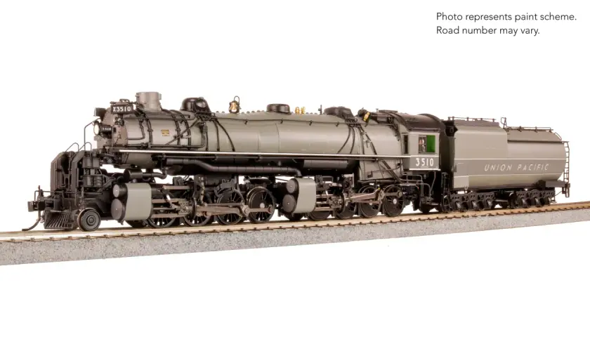 Szara lokomotywa Union Pacific z numerem 3510, model wskaźnika d6, na tle białym.