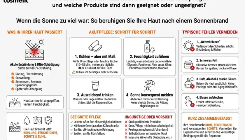 Was kann man gegen Sonnenbrand machen? Kühlen, Feuchtigkeit zuführen, viel trinken und Sonne meiden. Leichte Pflege ist wichtig.