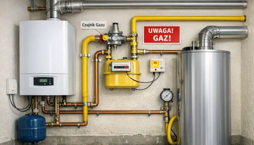 Instalacja gazowa w domu 150m2: kocioł, licznik, czujnik gazu i bojler.