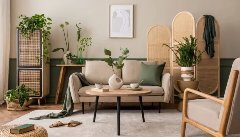 Przytulny salon w odcieniach beżu. Sofa, fotel i dywan tworzą ciepłą atmosferę. Wnętrze zdobią rośliny i rattanowe meble.