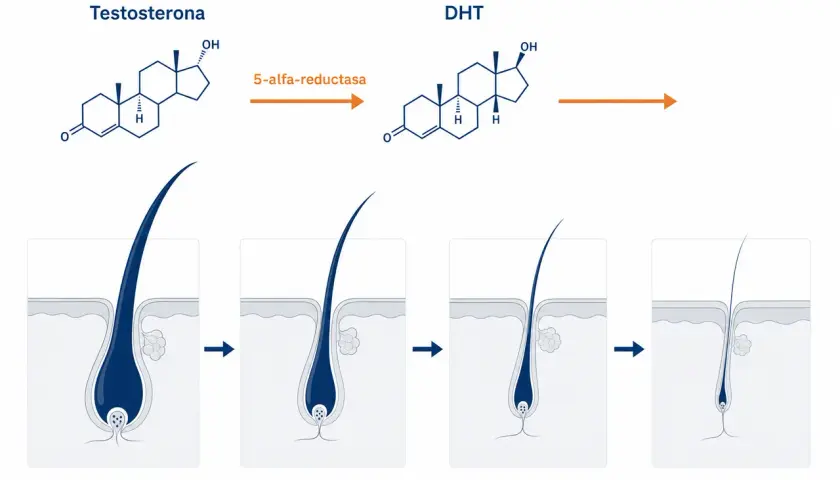 La testosterona se convierte en DHT por la 5-alfa reductasa, afectando el folículo piloso y el crecimiento del pelo.