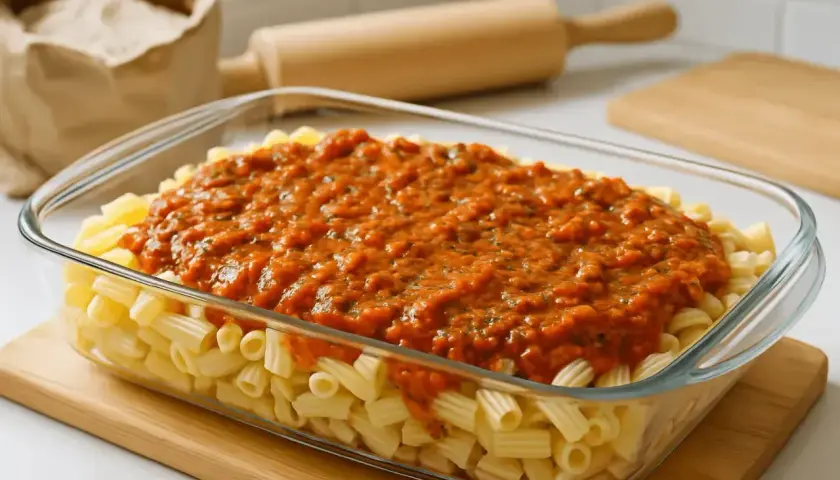 Pyszny, domowy sos do zapiekanki makaronowej w szklanym naczyniu, gotowy do pieczenia.