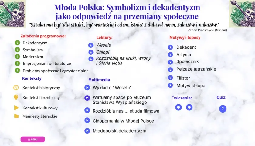 Młoda Polska: Symbolizm i dekadentyzm jako odpowiedź na przemiany społeczne. W programie m.in. dekadentyzm, symbolizm, modernizm, lektury i multimedia.