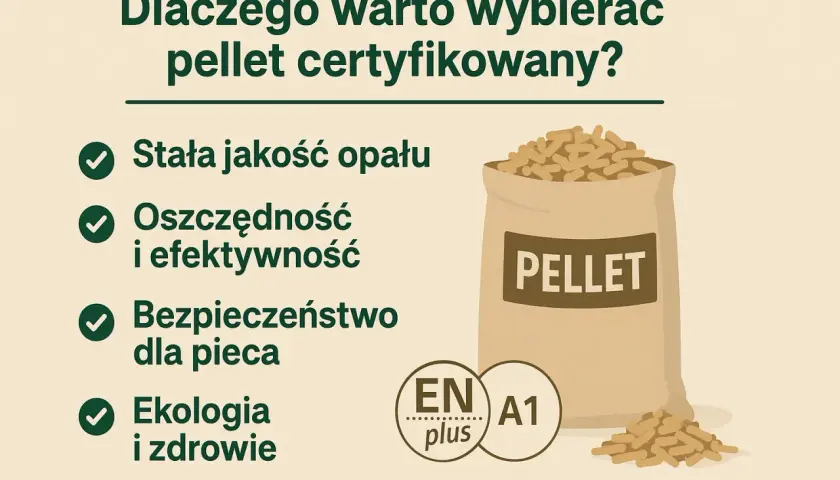 Worek z napisem PELLET i certyfikatem ENplus A1. Dlaczego warto wybierać pellet certyfikowany? Stała jakość, oszczędność, bezpieczeństwo, ekologia.