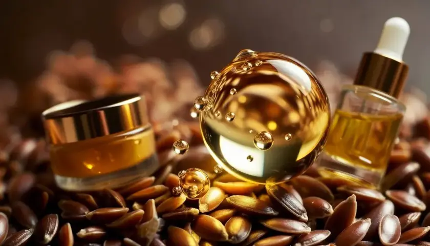 Olio di lino a cosa serve? Un flacone e un vasetto di lussuosi prodotti a base di olio di lino, circondati da semi di lino dorati.