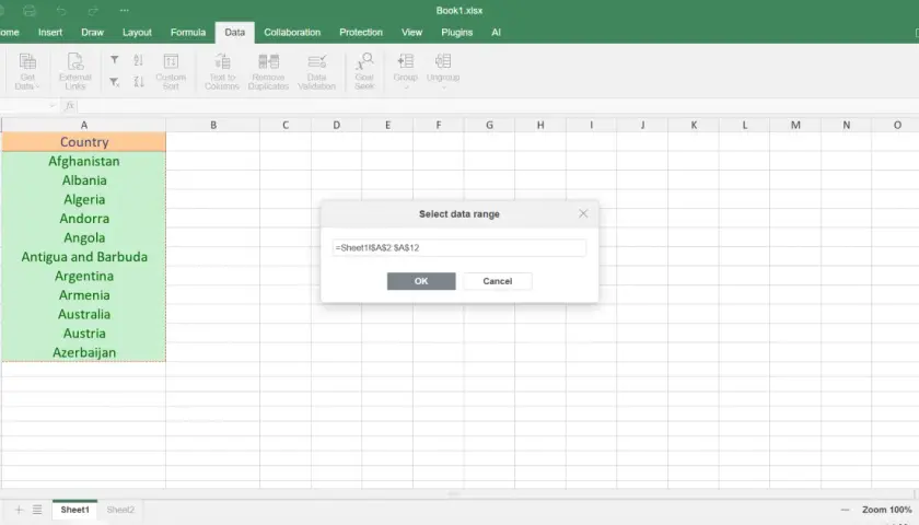 Una finestra di dialogo in Excel chiede di selezionare un intervallo di dati, mostrando una lista di paesi da A2 ad A12.