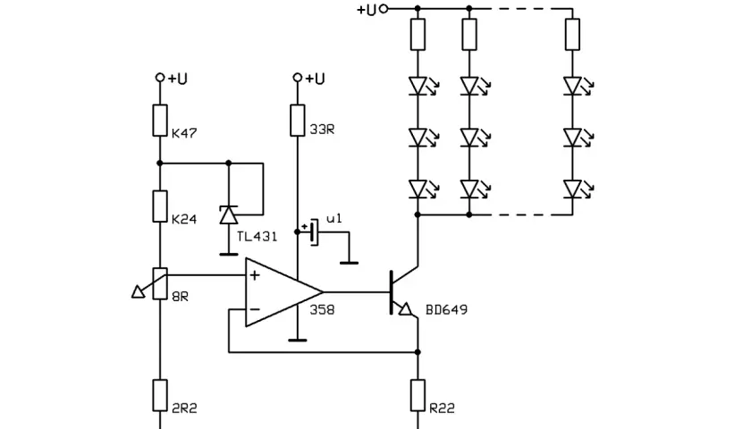Schemat ściemniacza LED 12V z TL431, wzmacniaczem operacyjnym 358 i tranzystorem BD649.