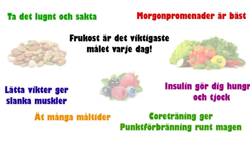 Pile of nuts, berries, and vegetables with Swedish text about weight loss.