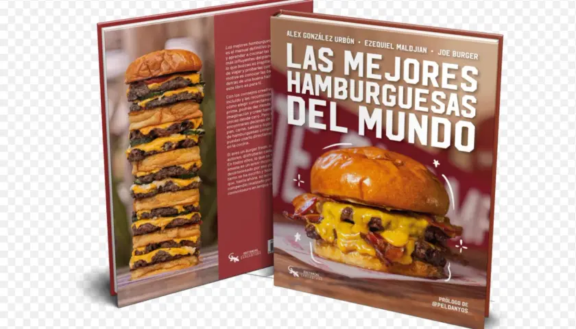 Libro "Las Mejores Hamburguesas del Mundo" con una torre de hamburguesas y una hamburguesa individual. ¡Un festín para los amantes de la hundred burger!