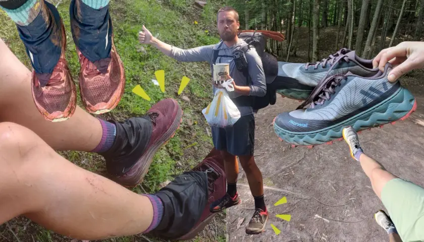 Hiking shoes should fit snugly but not too tight, allowing room for toes to wiggle. This collage shows various fits, from trail-worn to pristine.