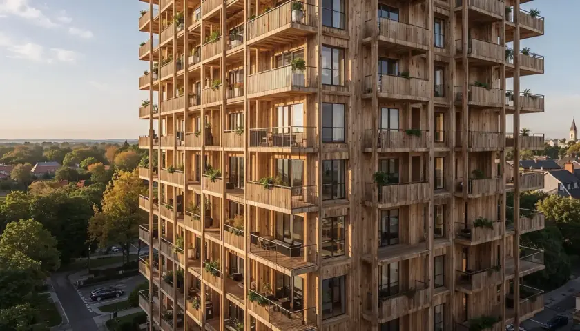 Ein modernes Holzhochhaus mit vielen Balkonen, das eine Vision für nachhaltiges wohnen in der zukunft darstellt.