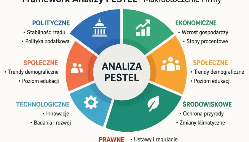 Schemat analizy PESTEL: czynniki polityczne, ekonomiczne, społeczne, technologiczne, środowiskowe i prawne.