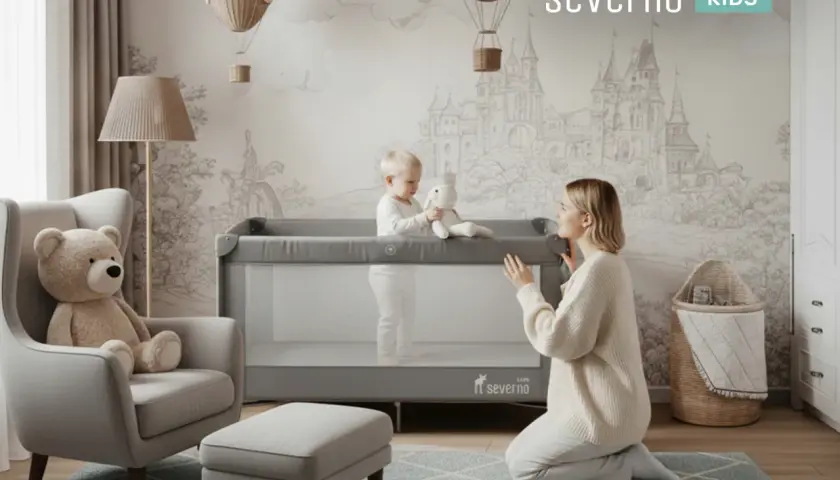 Mama pokazuje dziecku, jak złożyć łóżeczko turystyczne Severno. W tle bajkowy zamek i balony.