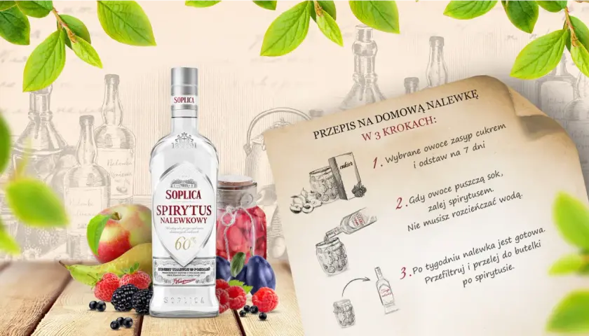 Butelka Soplicy Spirytus Naleśnikowy, owoce i przepis na domową nalewkę. Idealny spirytus do nalewek.