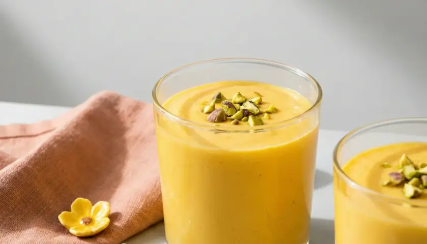 Två glas med krämig mango lassi, toppad med hackade pistagenötter. Ett enkelt recept för en svalkande sommardrink.