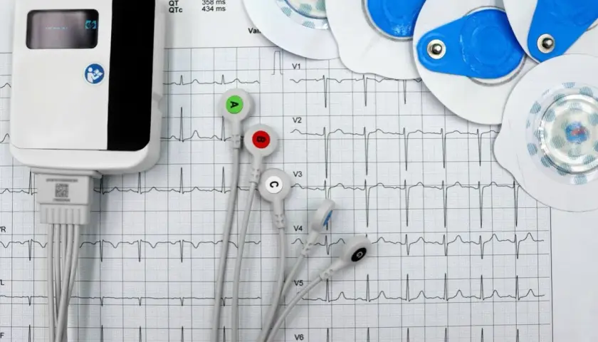 Elektrokardiograf i elektrody do badań serca na tle zapisu EKG.