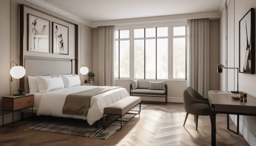 Camera da letto elegante con letto king-size, opere d'arte astratte e un'ampia finestra. Il **gds significato** qui è il comfort e il lusso.