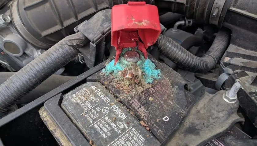 Vano batterie auto con forte ossidazione bluastra sui morsetti. Guida su come pulire vano batterie ossidato.