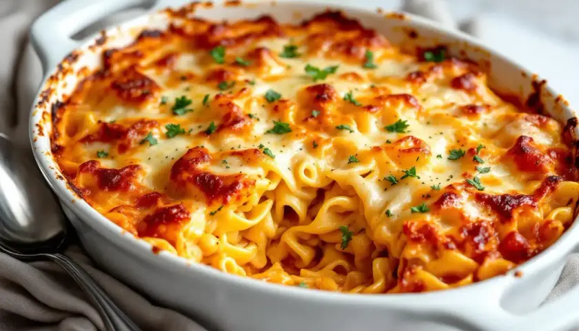 Un plat de gratin de pâtes crémeux et doré, garni de persil frais. Parfait pour des recettes gratin de pâtes réconfortantes.