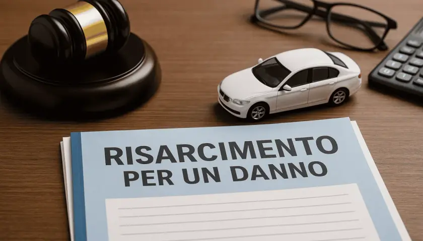 Martelletto da giudice, auto giocattolo, occhiali e calcolatrice su un tavolo. Documento "Risarcimento per un danno". Chi paga in caso di infortunio sul lavoro?