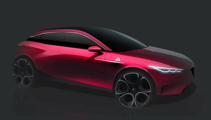Un boceto de un Alfa Romeo Giulietta Quadrifoglio Verde rojo brillante, con llantas distintivas y el trébol verde en el guardabarros.