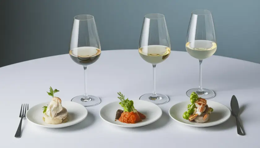 Trois bouchées à la reine, accompagnées de trois verres de vin blanc. Un accord parfait pour un repas royal.