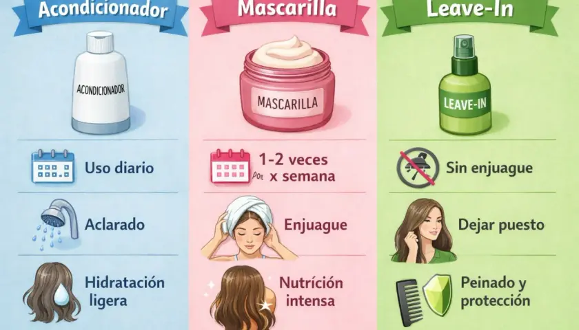 Ilustración compara acondicionador, mascarilla y leave-in. El leave-in es un suavizante casero para el pelo, sin enjuague, para peinar y proteger.