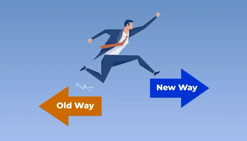 A businessman leaps from an "Old Way" arrow towards a "New Way" arrow, symbolizing a reflection on change in the workplace.