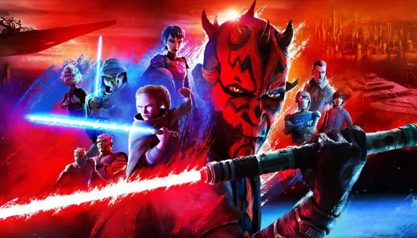 Darth Maul och andra karaktärer från Star Wars serier med ljussablar i en dramatisk, färgstark scen.