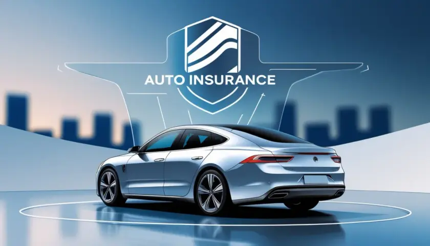 Auto moderna sotto un simbolo di assicurazione. Non dimenticare la scadenza assicurazione auto per viaggiare sereni.