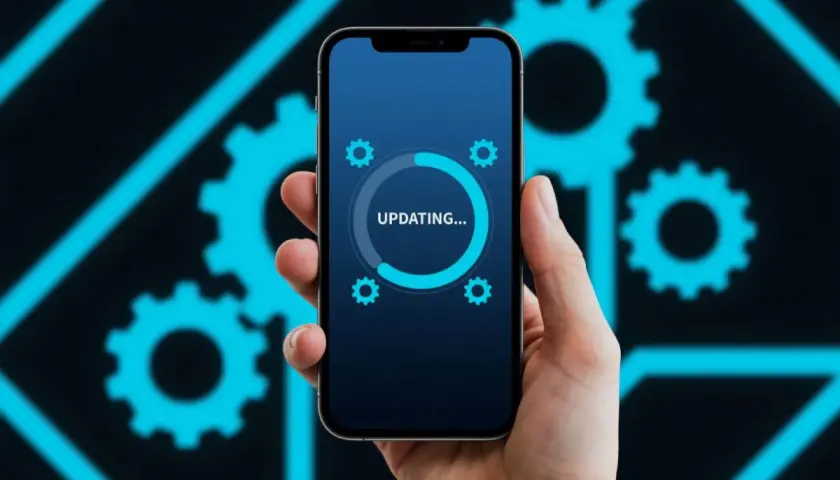 Dłoń trzyma smartfon z ekranem pokazującym pasek postępu "UPDATING..." na tle niebieskich kół zębatych. Aktualizacja telefonu trwa.