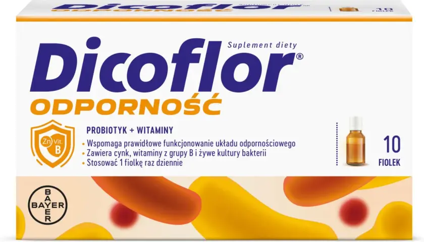 Opakowanie Dicoflor Odporność, suplement diety z probiotykiem i witaminami, zawiera 10 fiolek.