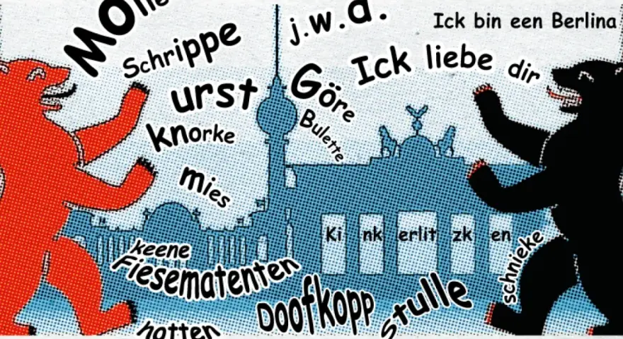 Zwei Berliner Bären tanzen vor der Skyline. Typisch berlinerisch: "Ick liebe dir" und "Keene Fiesematenten".
