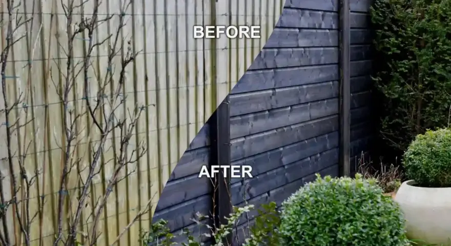 Before and after of DIY fence panels. The left side shows weathered, pale wood with bare branches, while the right side displays a sleek, dark-stained fence with lush greenery.